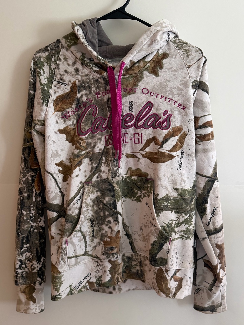 Cabela's Women’s White & Green Woodland Camo Hoodie with Pink Drawcord